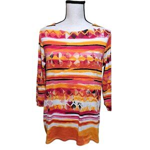 Rafaella Orange Red Pink White Aztec Print Tunic Top Pullover Long Sleeve Large